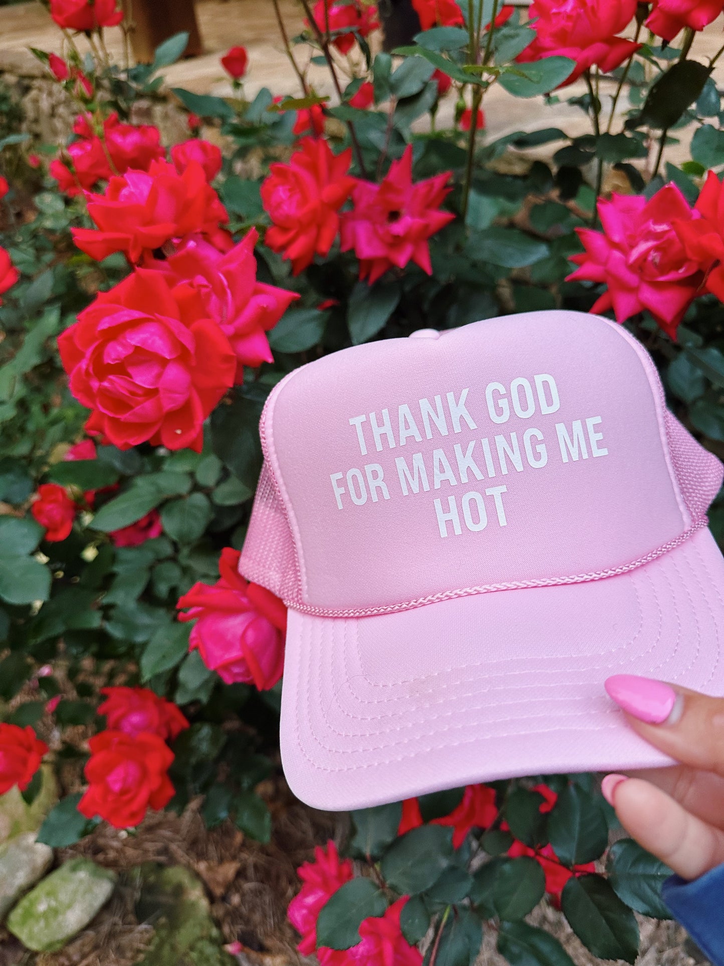 “Thank God For Making Me Hot” trucker in light pink