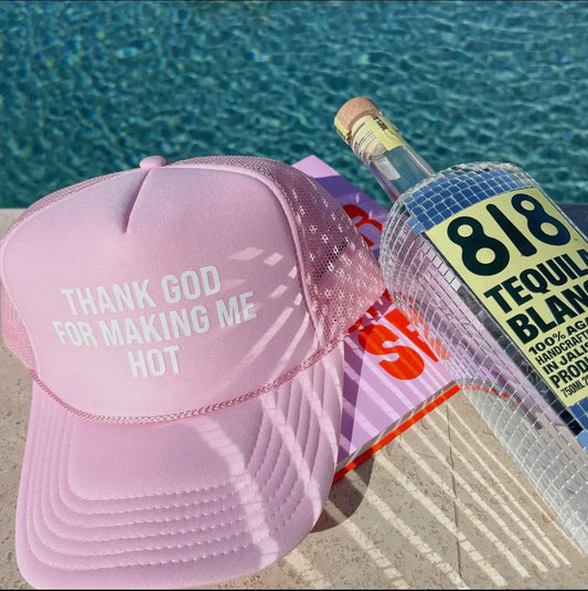 “Thank God For Making Me Hot” trucker in light pink